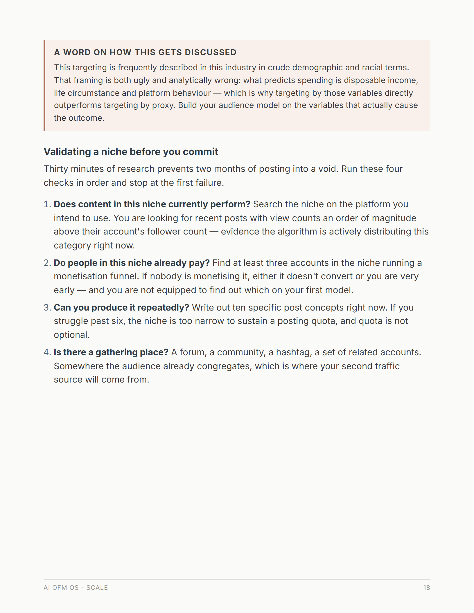 SCALE page 18: four checks for validating a niche before committing to it